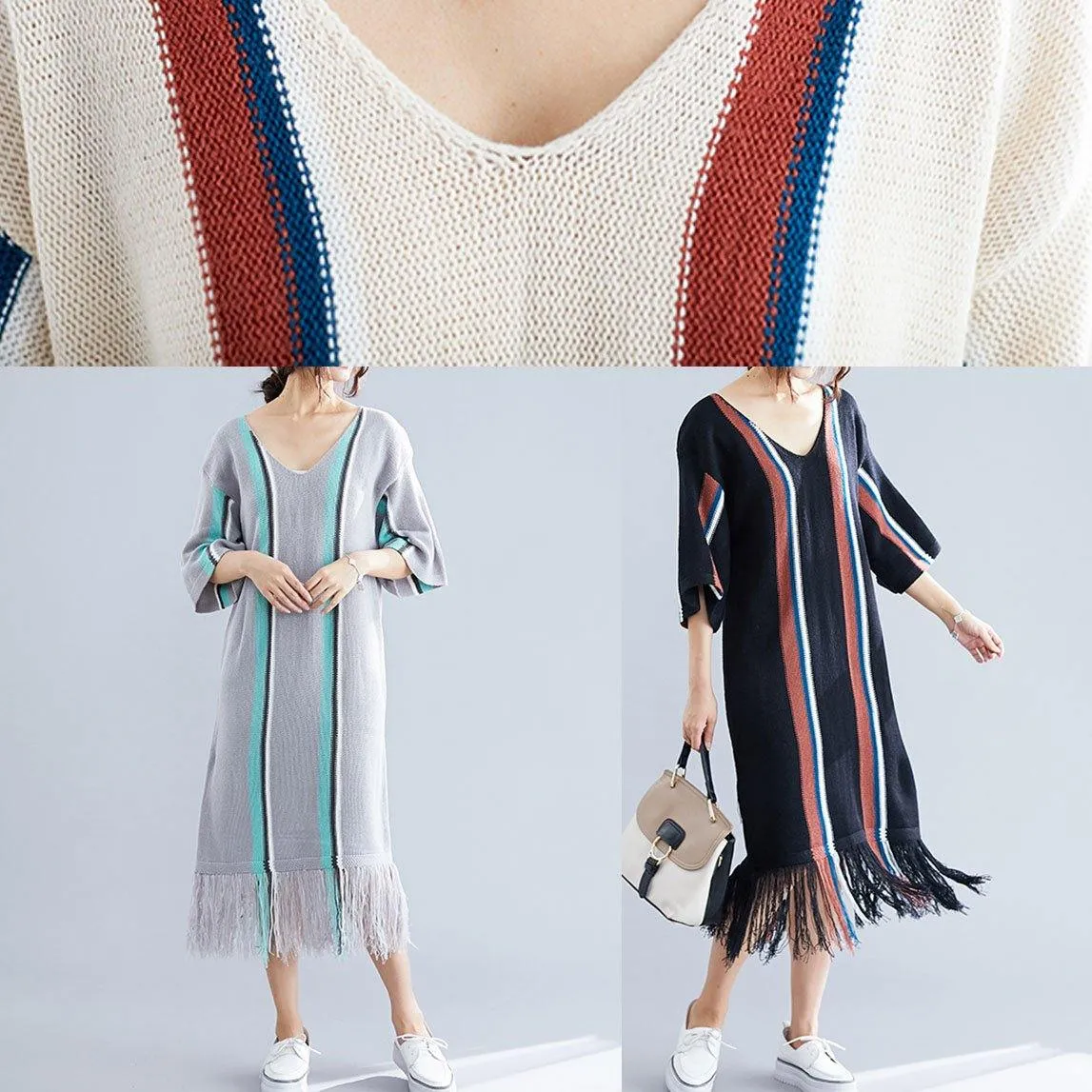 100% gray tassel cotton Tunic v neck loose Dresses