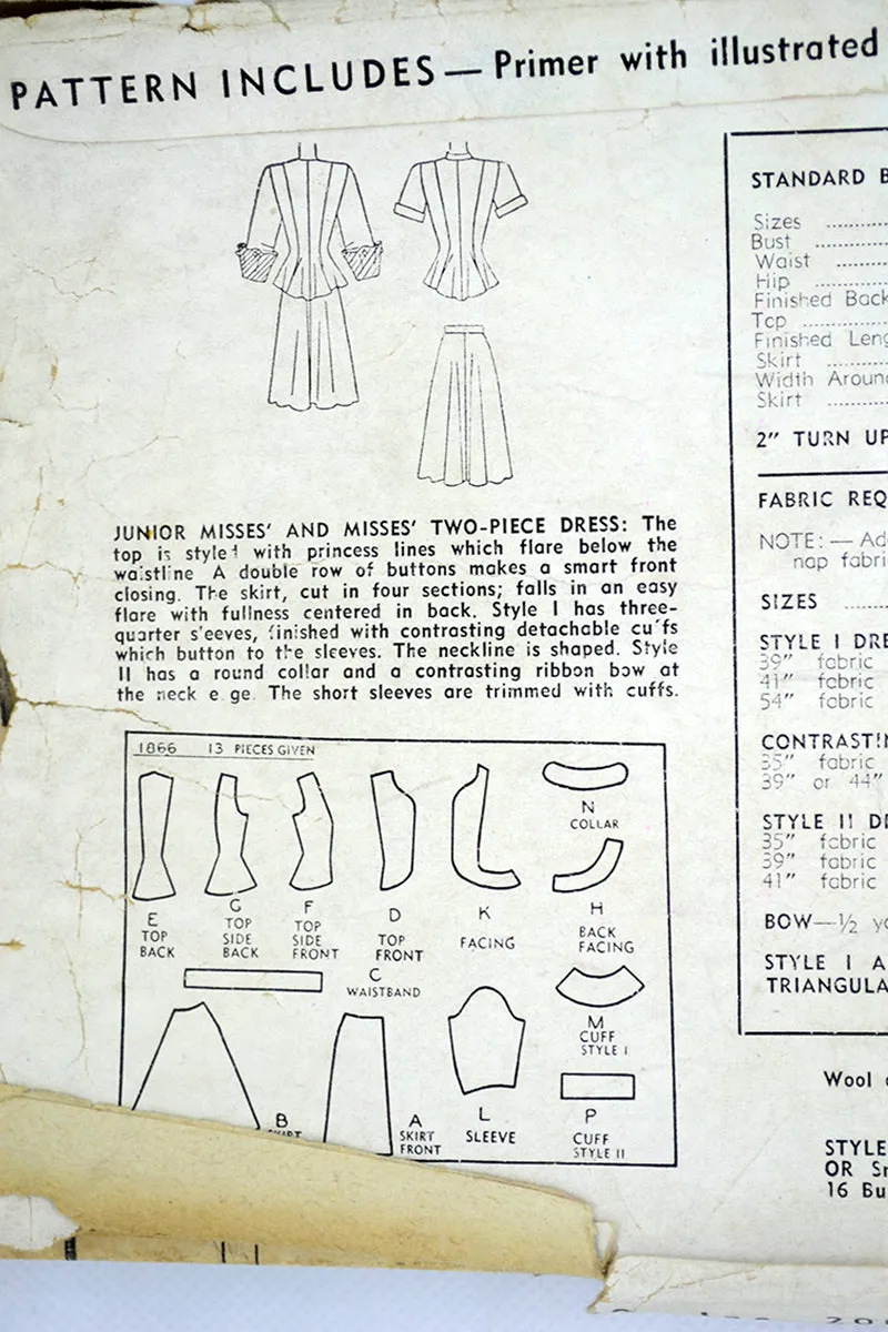 1946 Simplicity 1866 Two Piece Dress Vintage Sewing Pattern