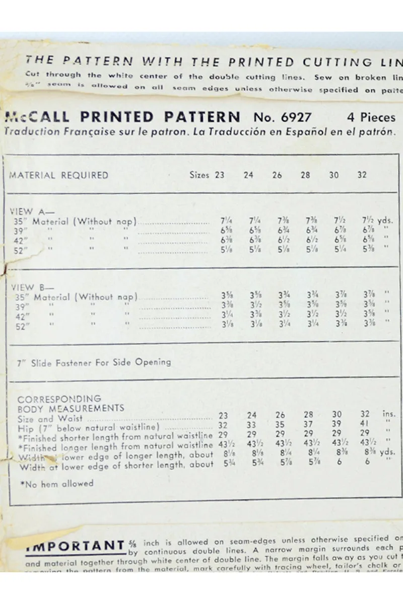 1947 McCall 6927 Vintage Evening Full Circle Skirt Sewing Pattern