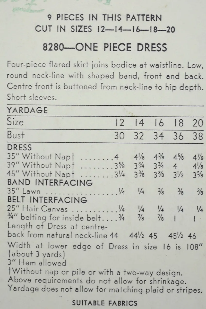 1954 Vintage Vogue 8280 Party Dress Pattern