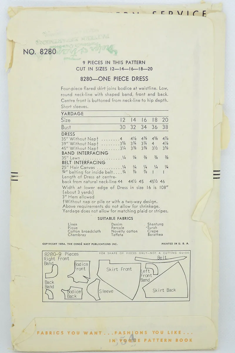 1954 Vintage Vogue 8280 Party Dress Pattern