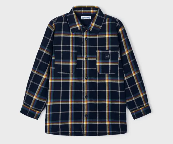 4107 Mayoral Mini Boys Button Up Plaid Shacket - Navy