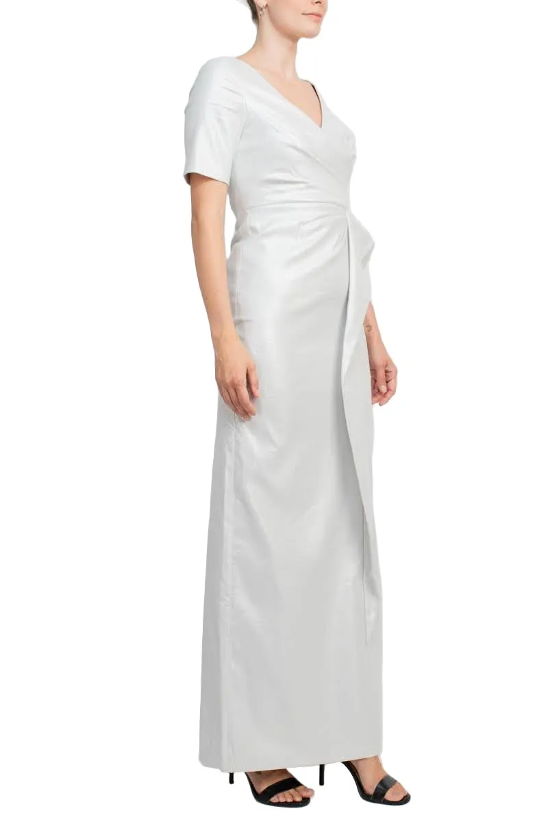 Aidan by Aidan Mattox V-Neck Pleated Zipper Back Short Sleeve Slit Back Taffeta Dress