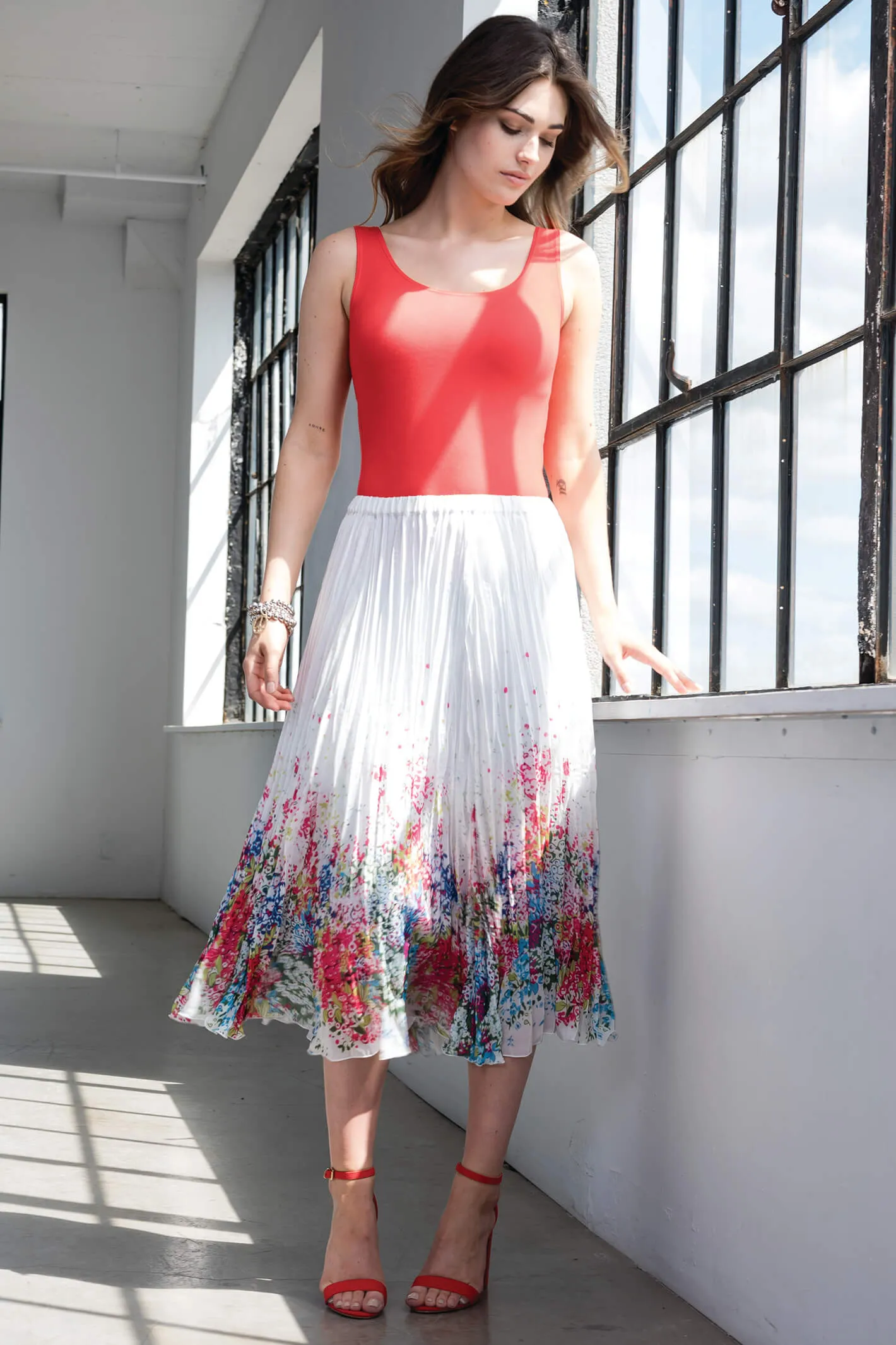 Alison Sheri A41442 White Floral Print Pleated Skirt