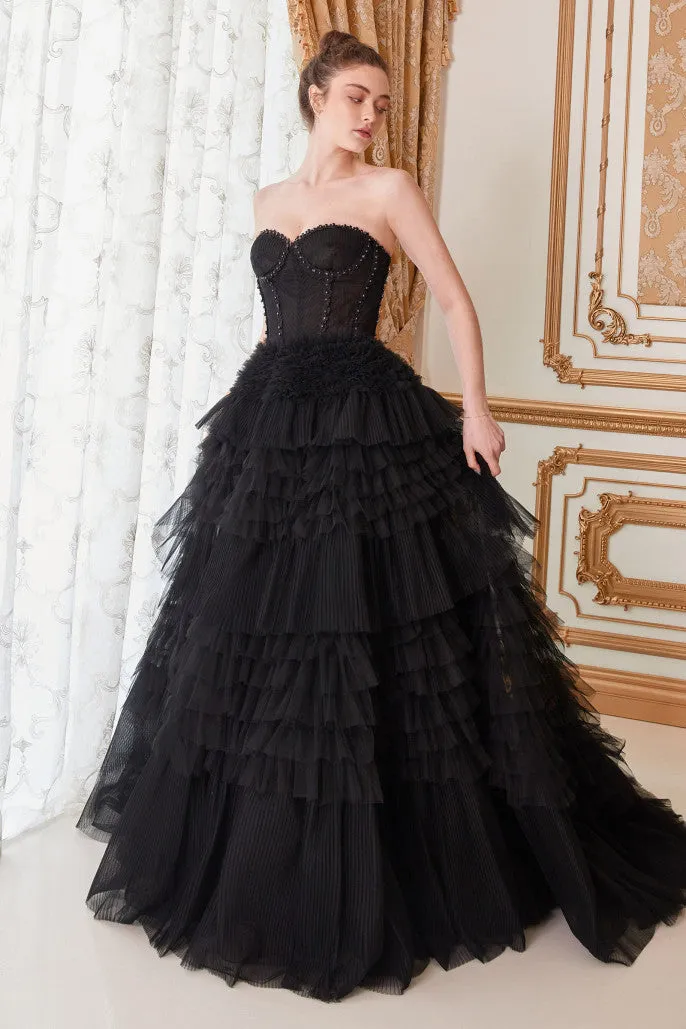 Andrea & Leo Couture A1017 Size 8 Blue Luxurious Prom Dress Long Layer Pleated Ruffle Ballgown Lace Corset Formal Gown