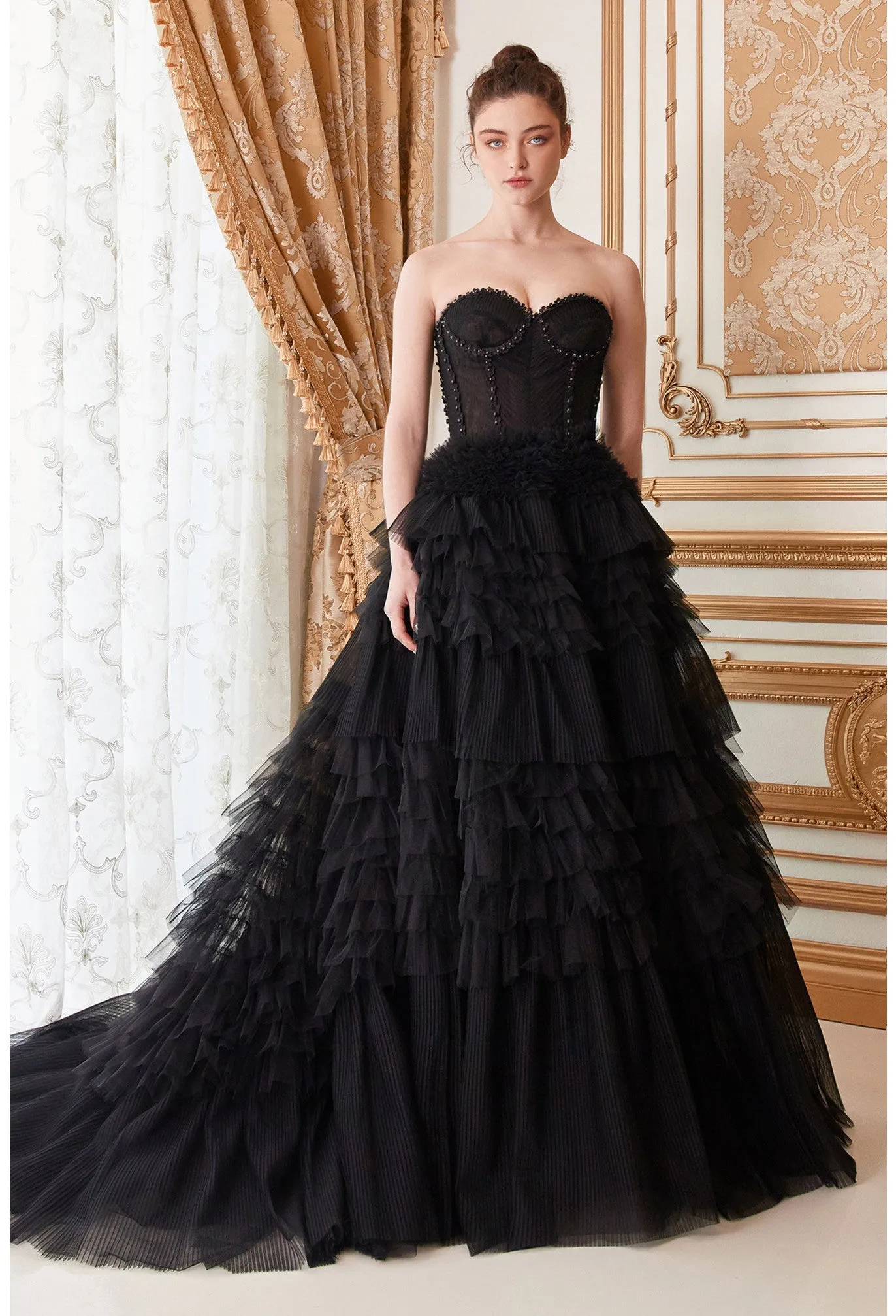 Andrea & Leo Couture A1017 Size 8 Blue Luxurious Prom Dress Long Layer Pleated Ruffle Ballgown Lace Corset Formal Gown