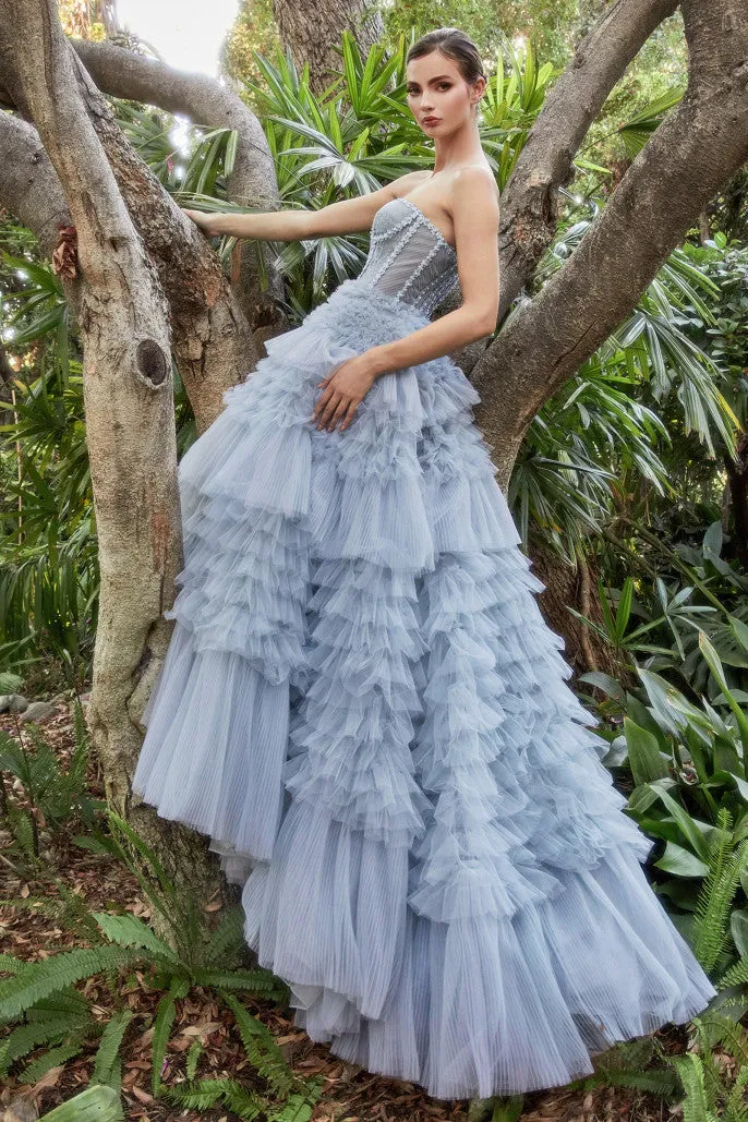 Andrea & Leo Couture A1017 Size 8 Blue Luxurious Prom Dress Long Layer Pleated Ruffle Ballgown Lace Corset Formal Gown