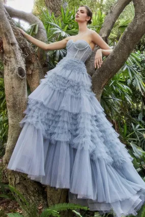 Andrea & Leo Couture A1017 Size 8 Blue Luxurious Prom Dress Long Layer Pleated Ruffle Ballgown Lace Corset Formal Gown