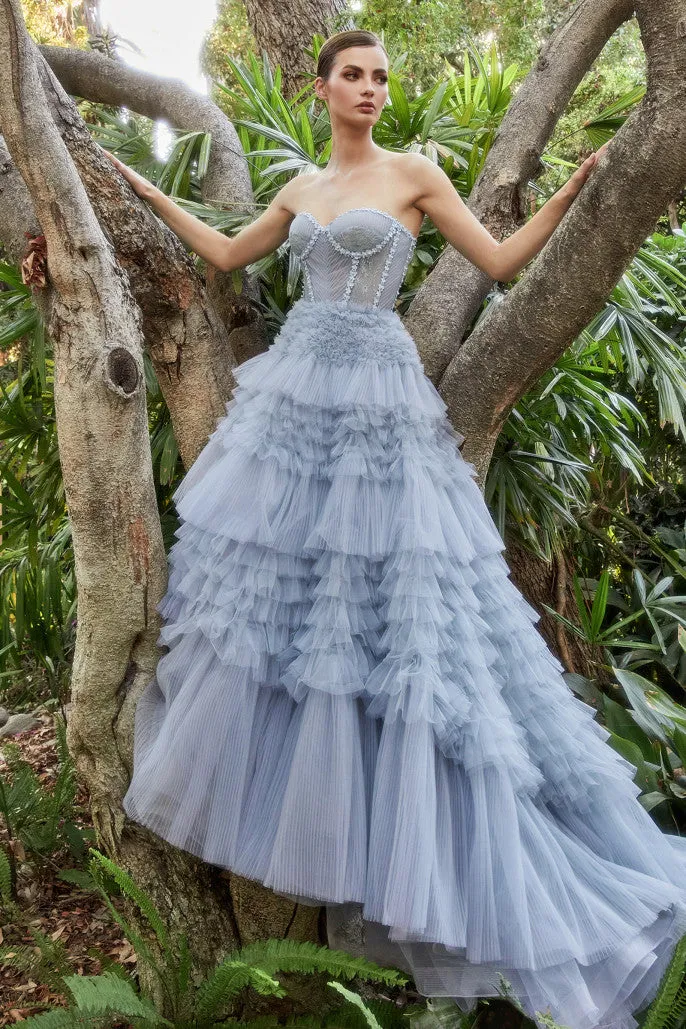 Andrea & Leo Couture A1017 Size 8 Blue Luxurious Prom Dress Long Layer Pleated Ruffle Ballgown Lace Corset Formal Gown