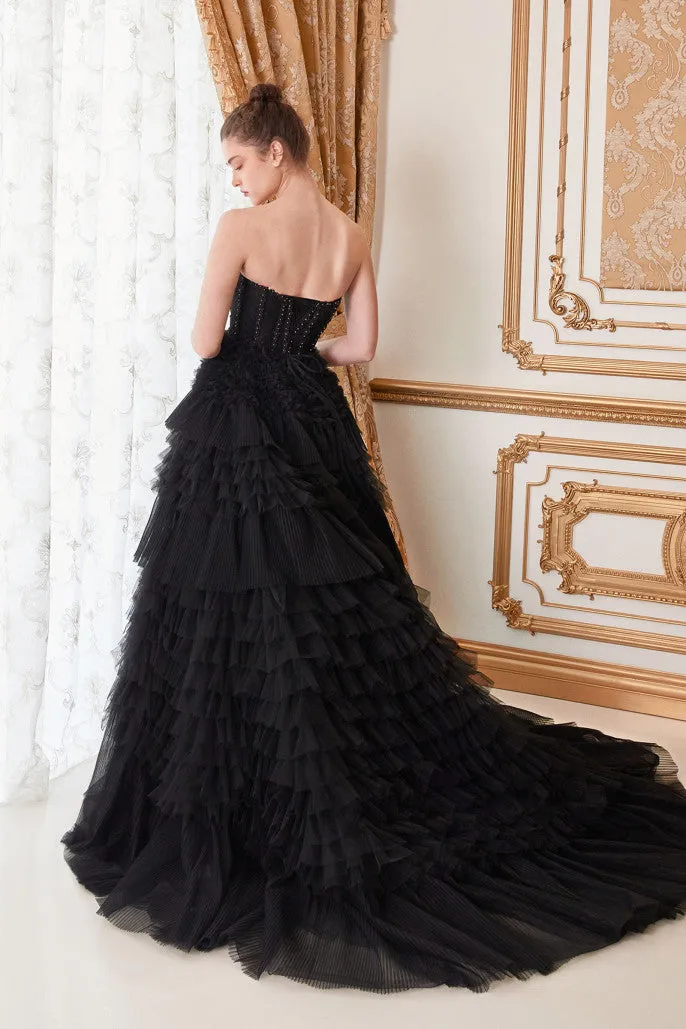 Andrea & Leo Couture A1017 Size 8 Blue Luxurious Prom Dress Long Layer Pleated Ruffle Ballgown Lace Corset Formal Gown