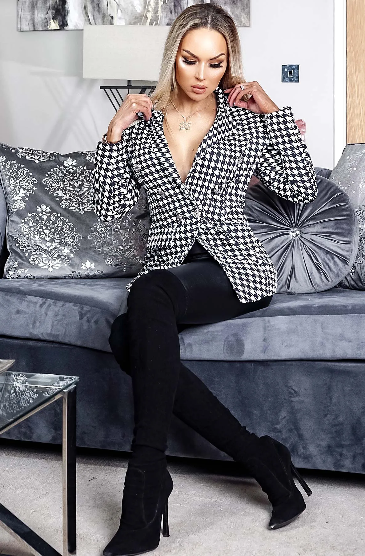 Bebe dogtooth silver button blazer jacket