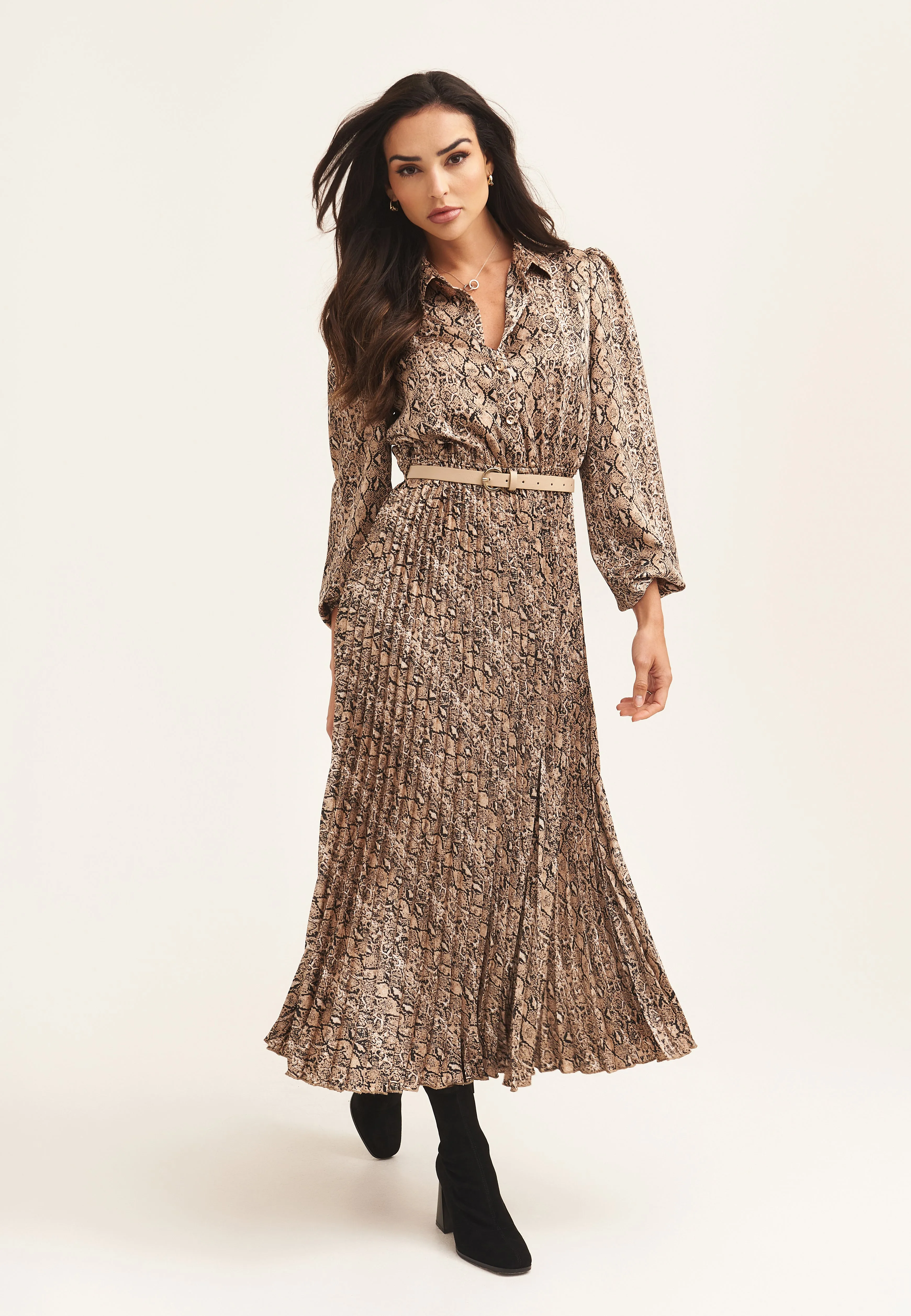 Beige Snake Pleated Shirt Dress with Belt