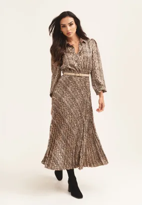 Beige Snake Pleated Shirt Dress with Belt