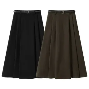 Belted Pleated Midi Skirt