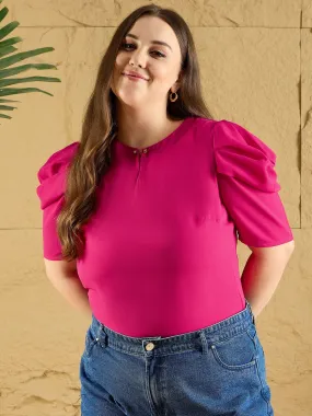 Berrylush Curve Women Solid Pink Keyhole Neck Puff Sleeves Curved Hem Pleated Regular Top