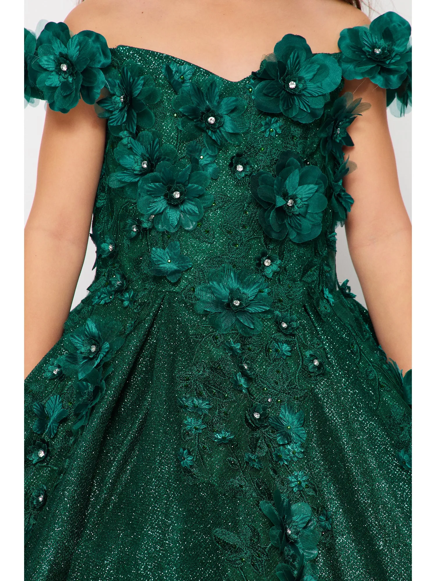 Bliss Big Girls Hunter Green 3D Floral Applique Off Shoulder Ball Gown 8-16