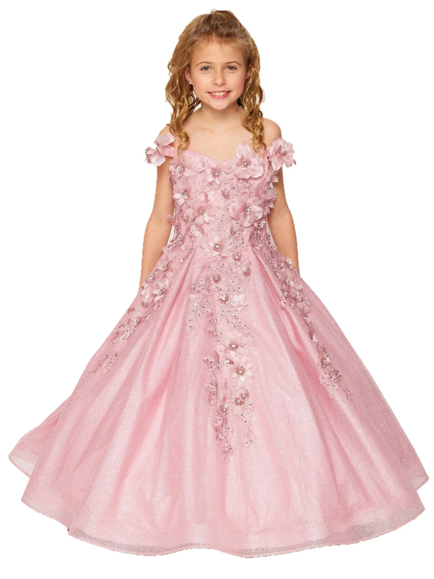 Bliss Little Girls Dusty Rose 3D Floral Applique Off Shoulder Ball Gown 2-6