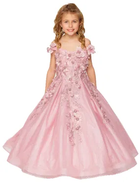 Bliss Little Girls Dusty Rose 3D Floral Applique Off Shoulder Ball Gown 2-6