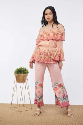 Bloom Printed Embroidered Top With Flared Pants