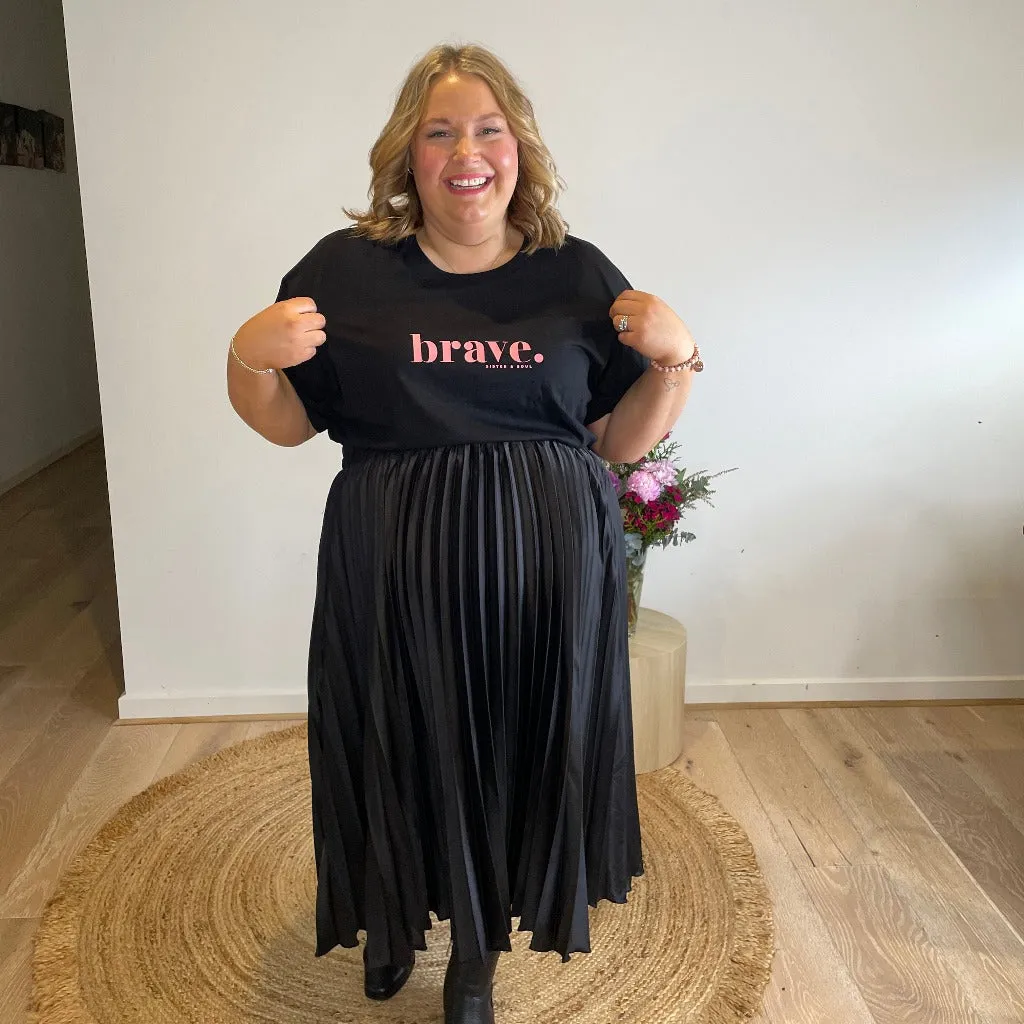 BRAVE - Plus Size Long Boxy Tee - Black with Pink Print
