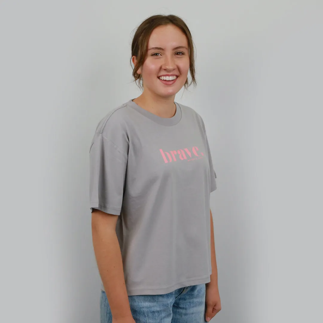 BRAVE - Storm Grey Cropped Wide Boxy Tee - Pink Print