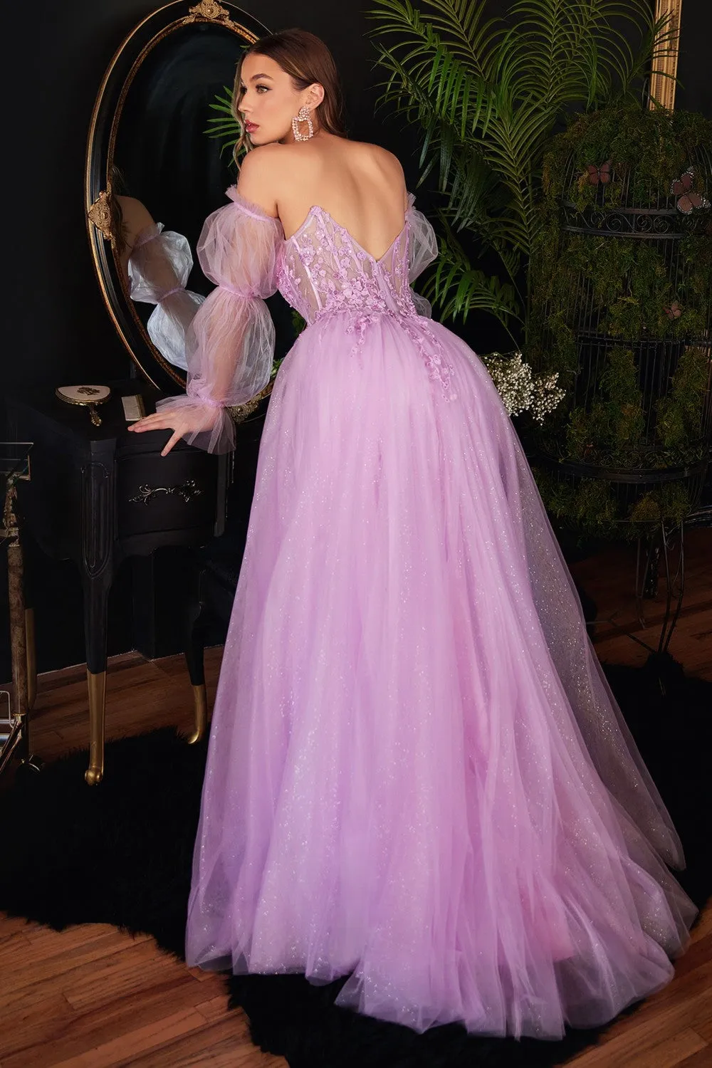 CD CD997 - Strapless A-Line Prom Gown with Sheer 3D Applique Boned Bodice Removeable Puff Sleeves Layered Luminescent Tulle Skirt & High Leg Slit