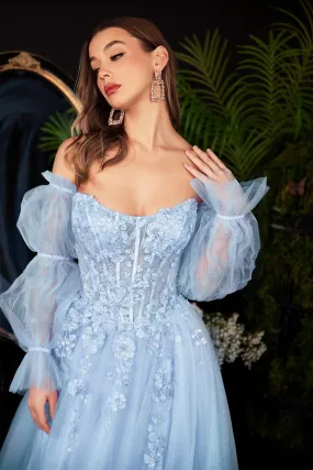 CD CD997 - Strapless A-Line Prom Gown with Sheer 3D Applique Boned Bodice Removeable Puff Sleeves Layered Luminescent Tulle Skirt & High Leg Slit