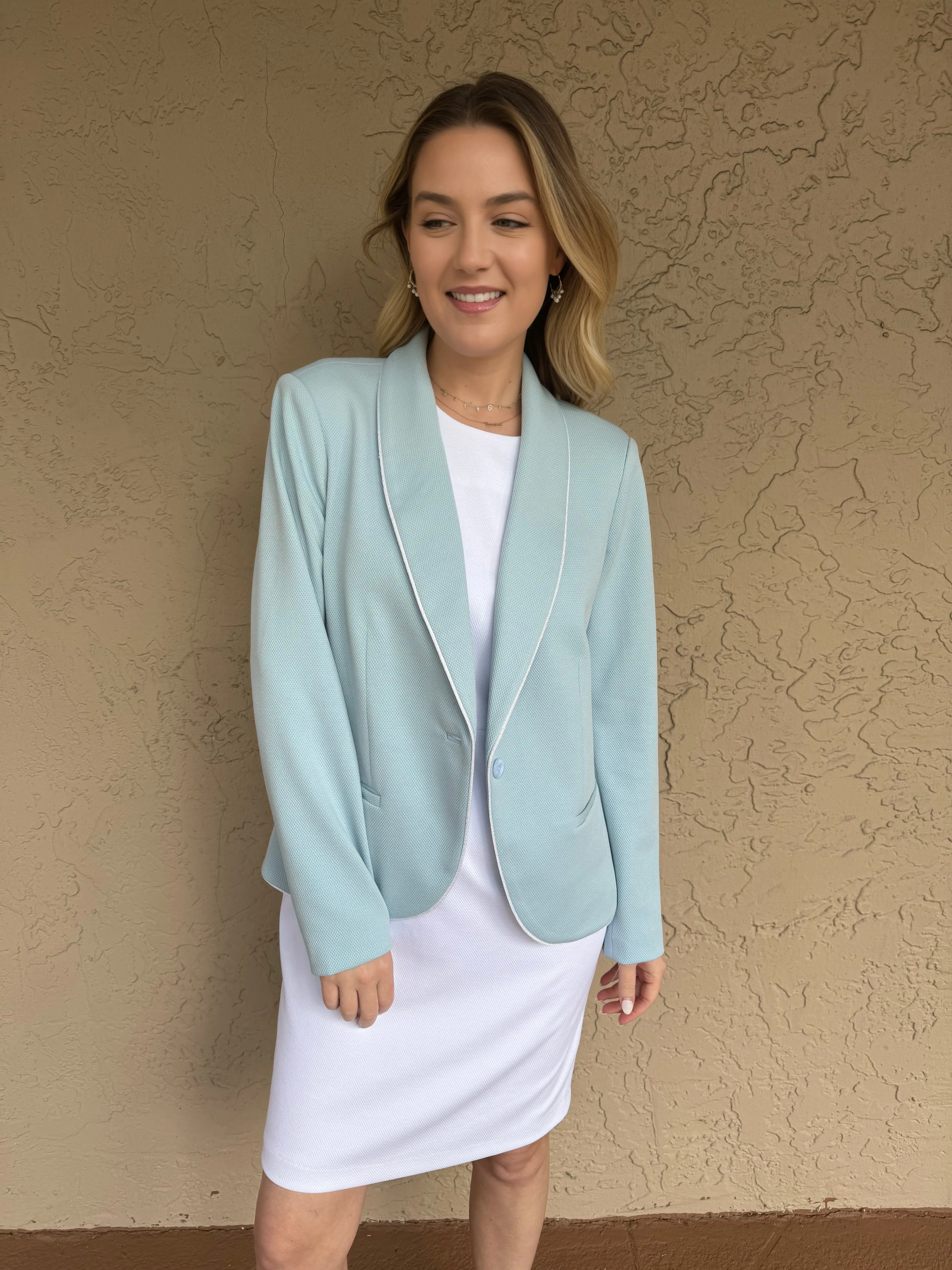 Cord Trim Lapel Blazer - Blue