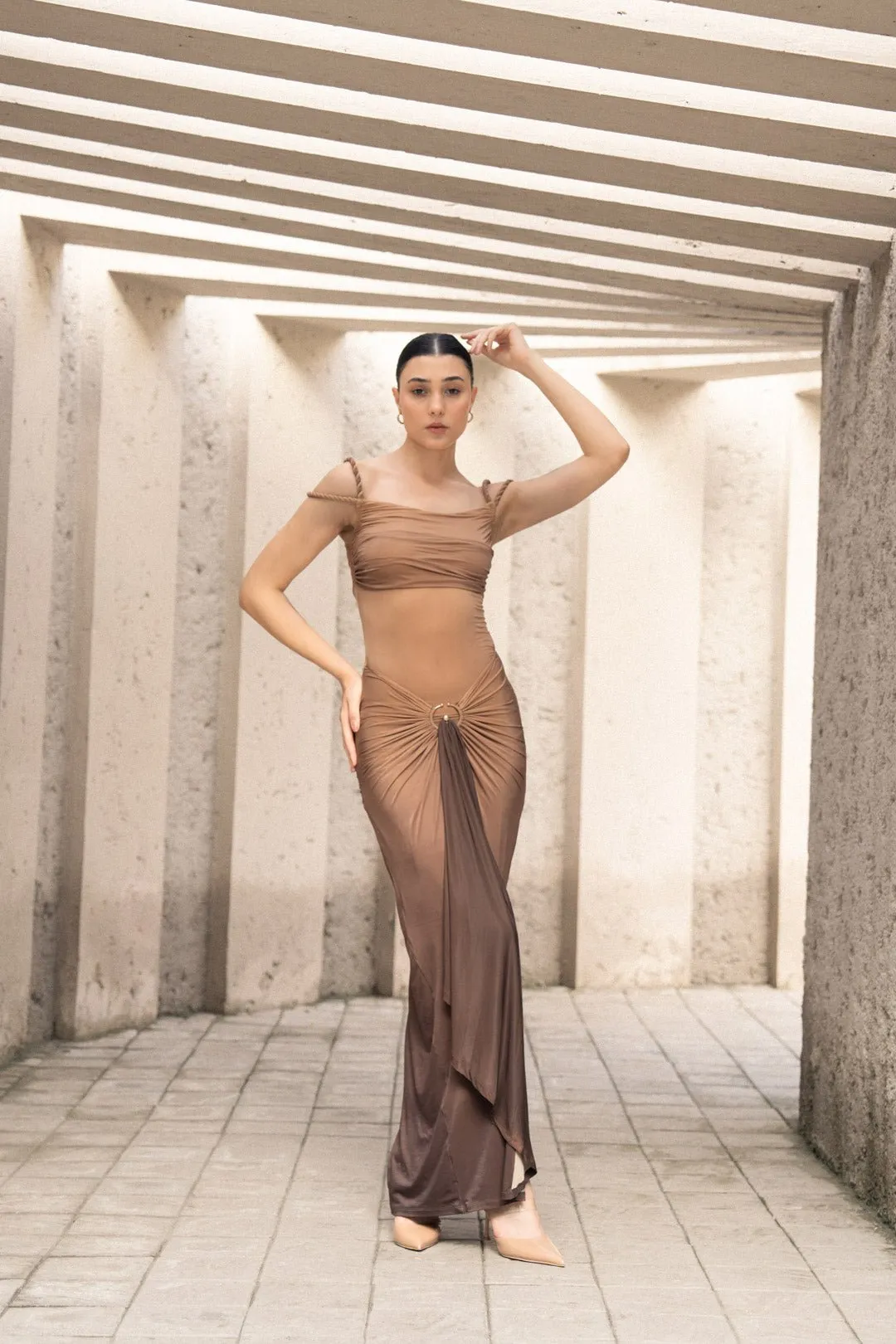 DRAPED OMBRE RING-DETAIL DRESS