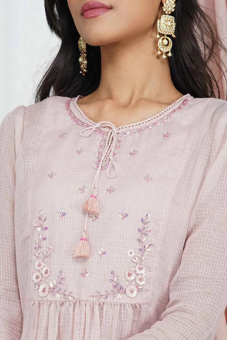 Dusty Pink Kurta Set With Organza Stole