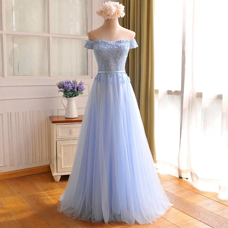 Elegant Light Blue Lace Applique Top Long Party Dress, Off Shoulder Bridesmaid Dress