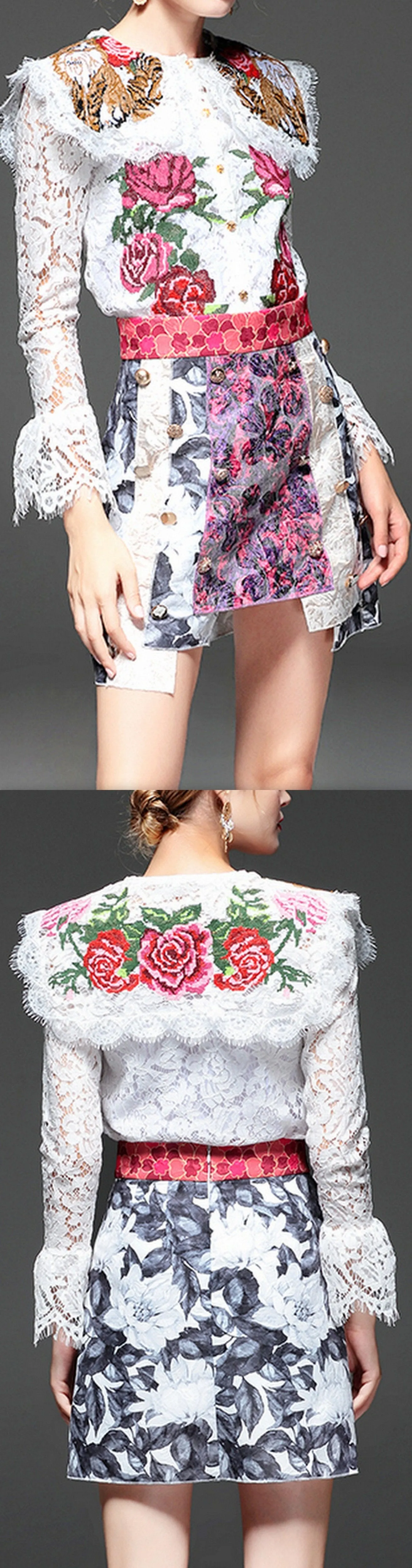 Embroidered Lace Top and Skirt Set