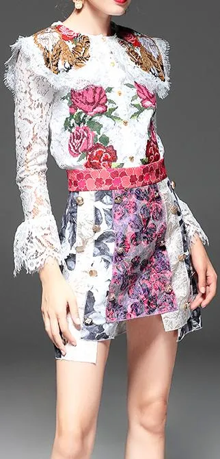 Embroidered Lace Top and Skirt Set