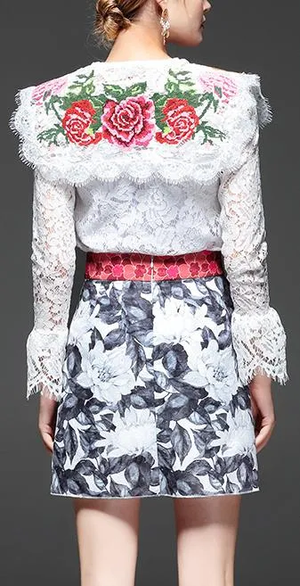 Embroidered Lace Top and Skirt Set