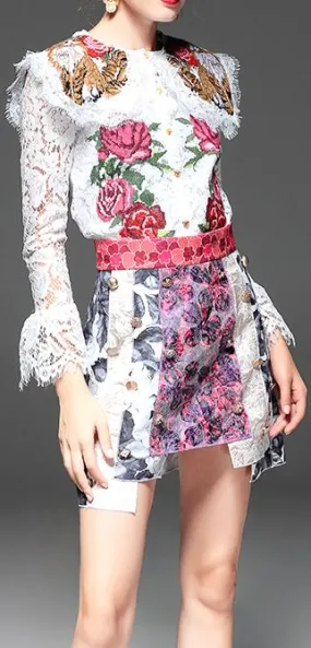 Embroidered Lace Top and Skirt Set