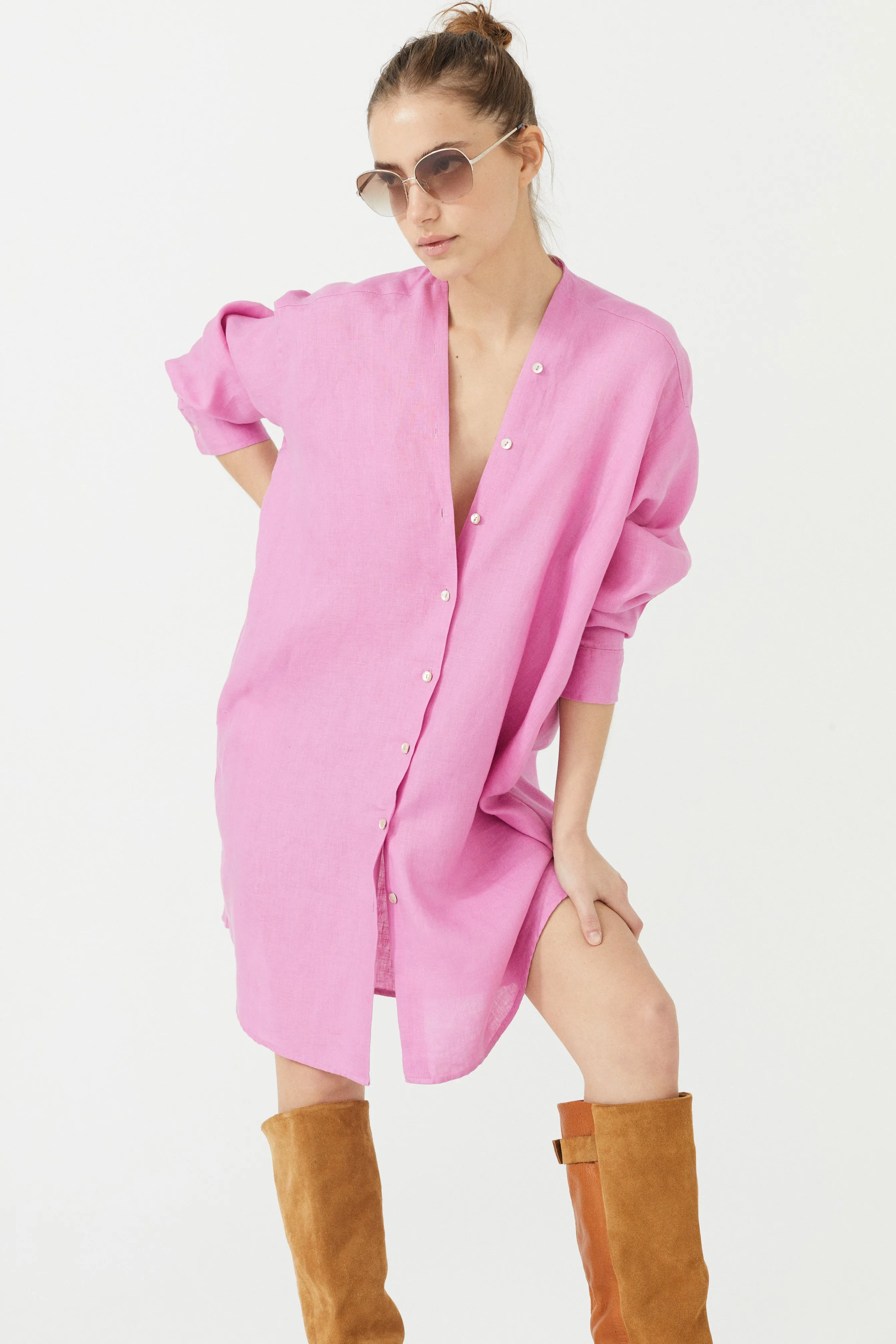 Exuma Linen Shirt Dress - Petunia Pink