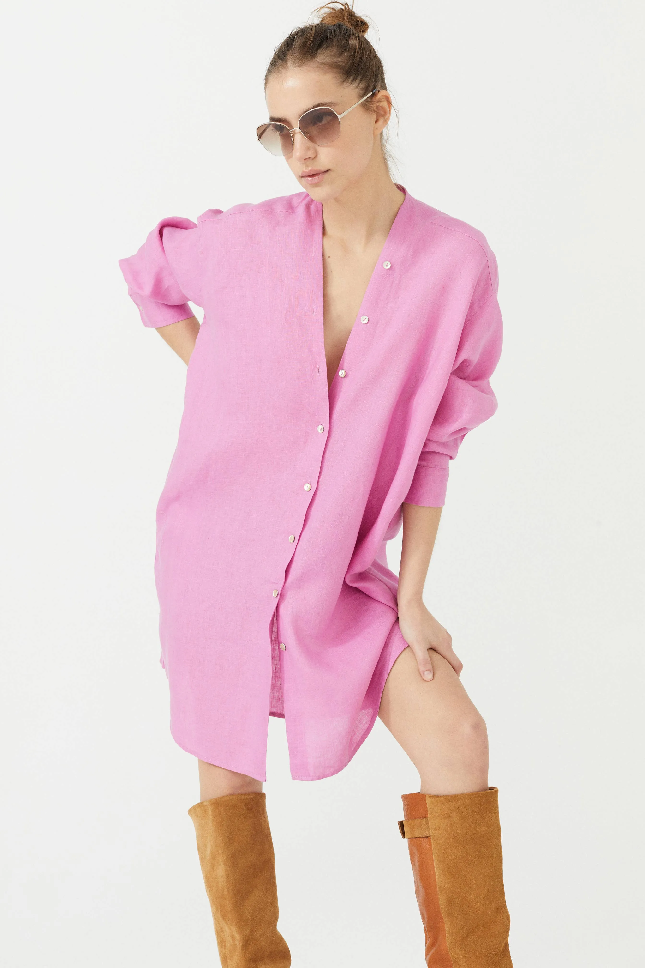 Exuma Linen Shirt Dress - Petunia Pink