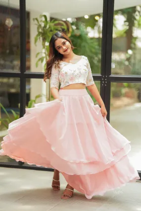Floral Cutdana Embroidered Blouse with Multi Layered Asymmetrical Skirt