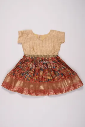 Girls Off-White and Maroon Silk Frock Type Suit with Embroidered Details