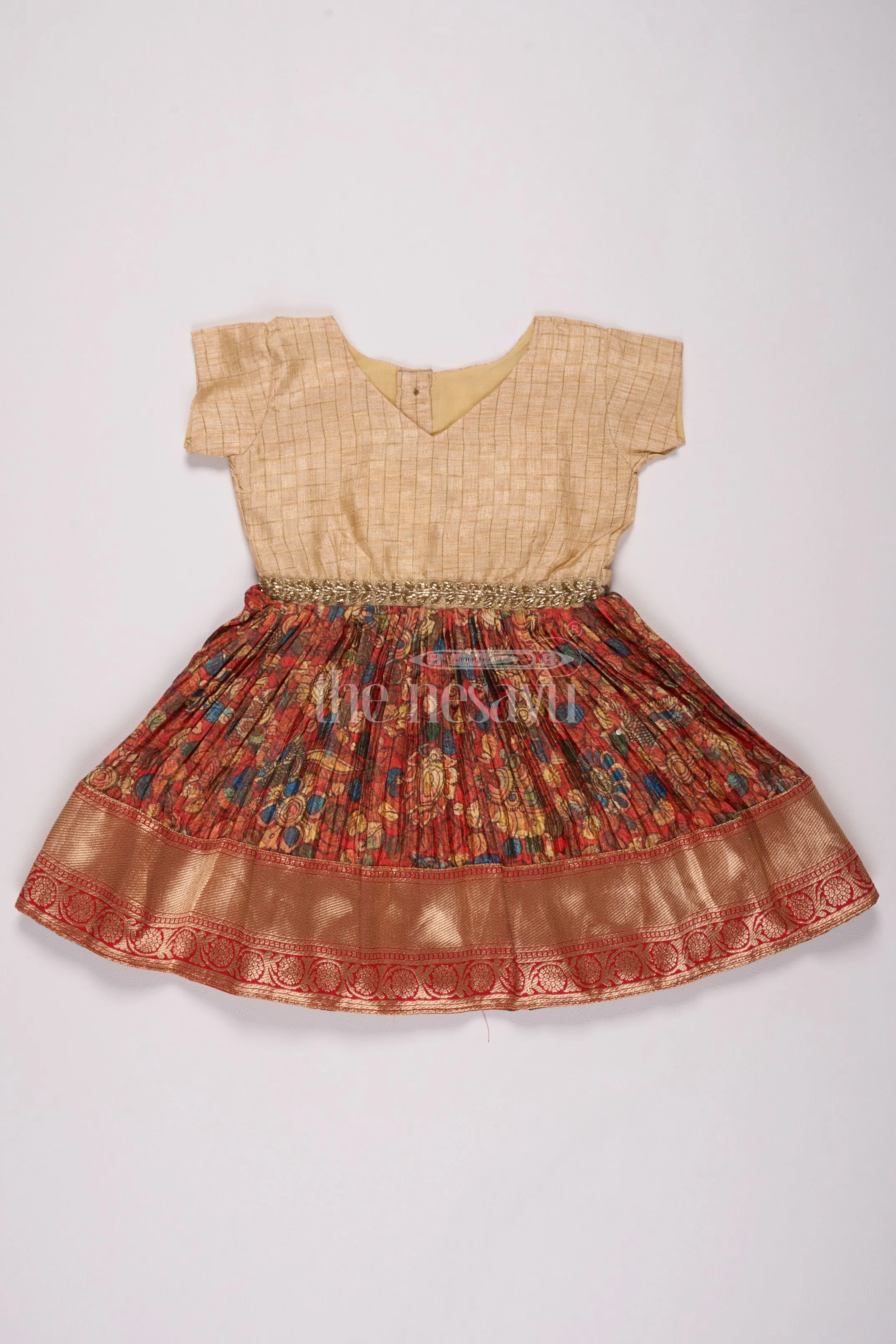 Girls Off-White and Maroon Silk Frock Type Suit with Embroidered Details