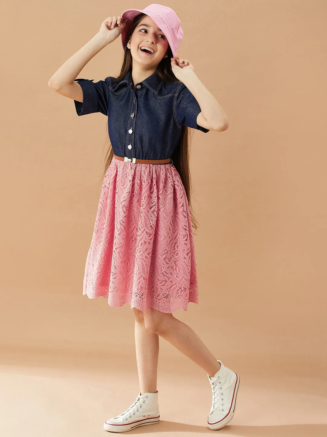 Girls Shirt Collar Fit Flare Dress - Ps Peaches