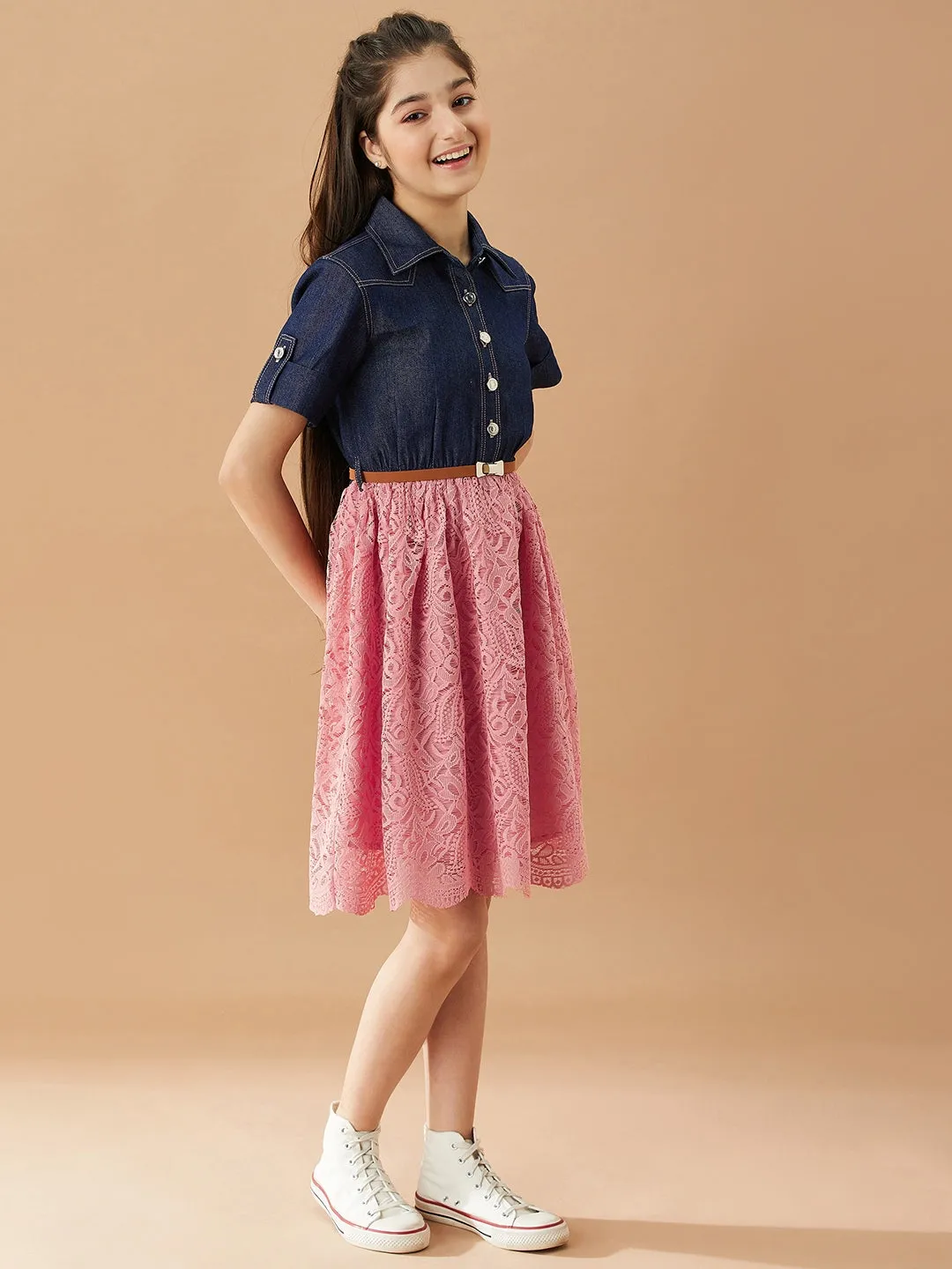 Girls Shirt Collar Fit Flare Dress - Ps Peaches