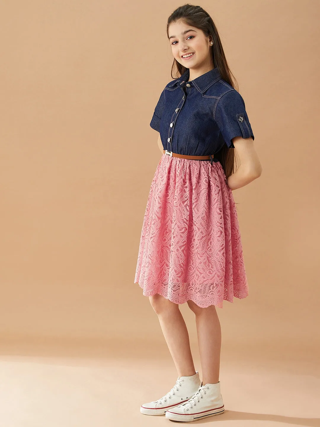 Girls Shirt Collar Fit Flare Dress - Ps Peaches