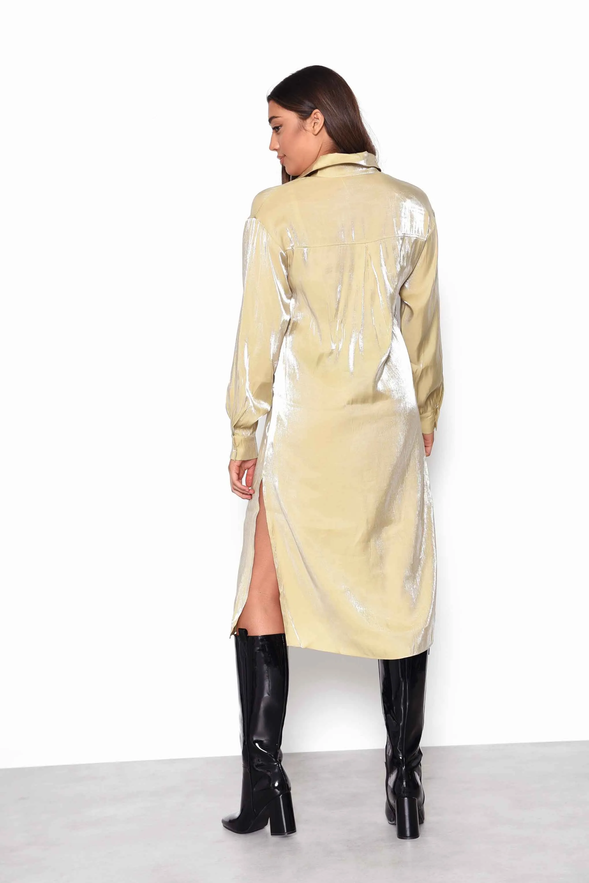 Glamorous Ochre Shimmer Long Sleeve Midi Shirt Dress with Side Splits