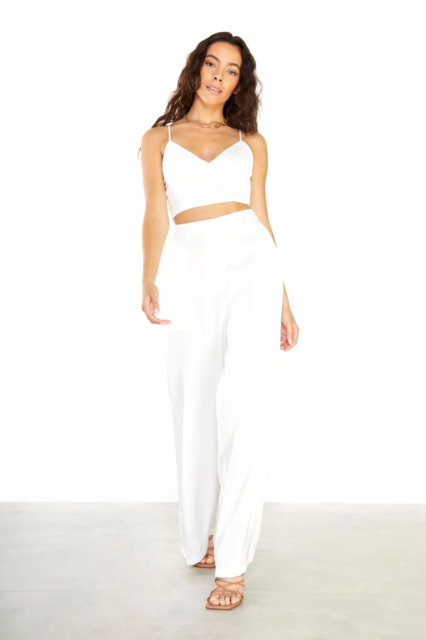 Glamorous Studio White Satin Wide-Leg Trousers