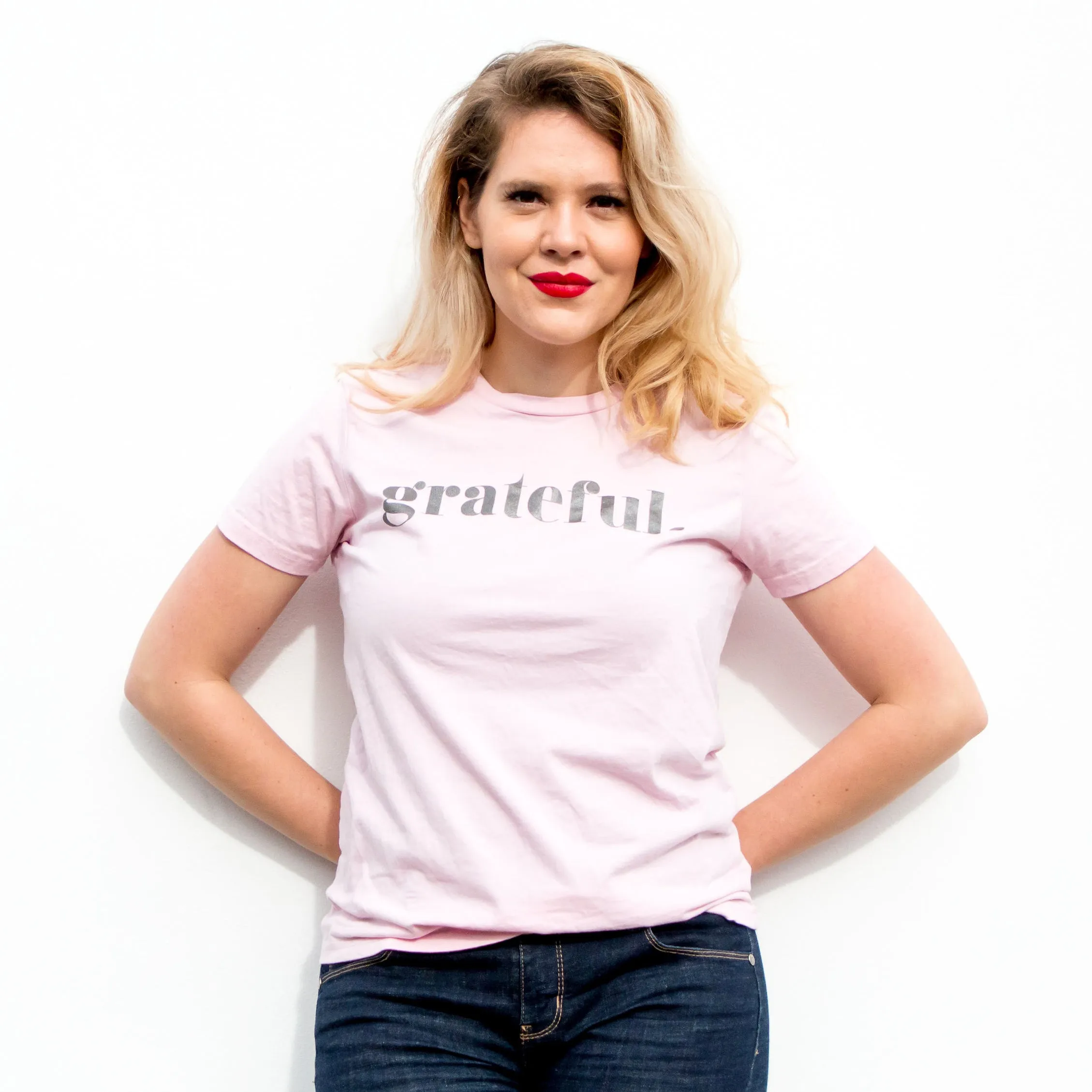 GRATEFUL - Pink Boxy Tee - Charcoal Shimmer Print