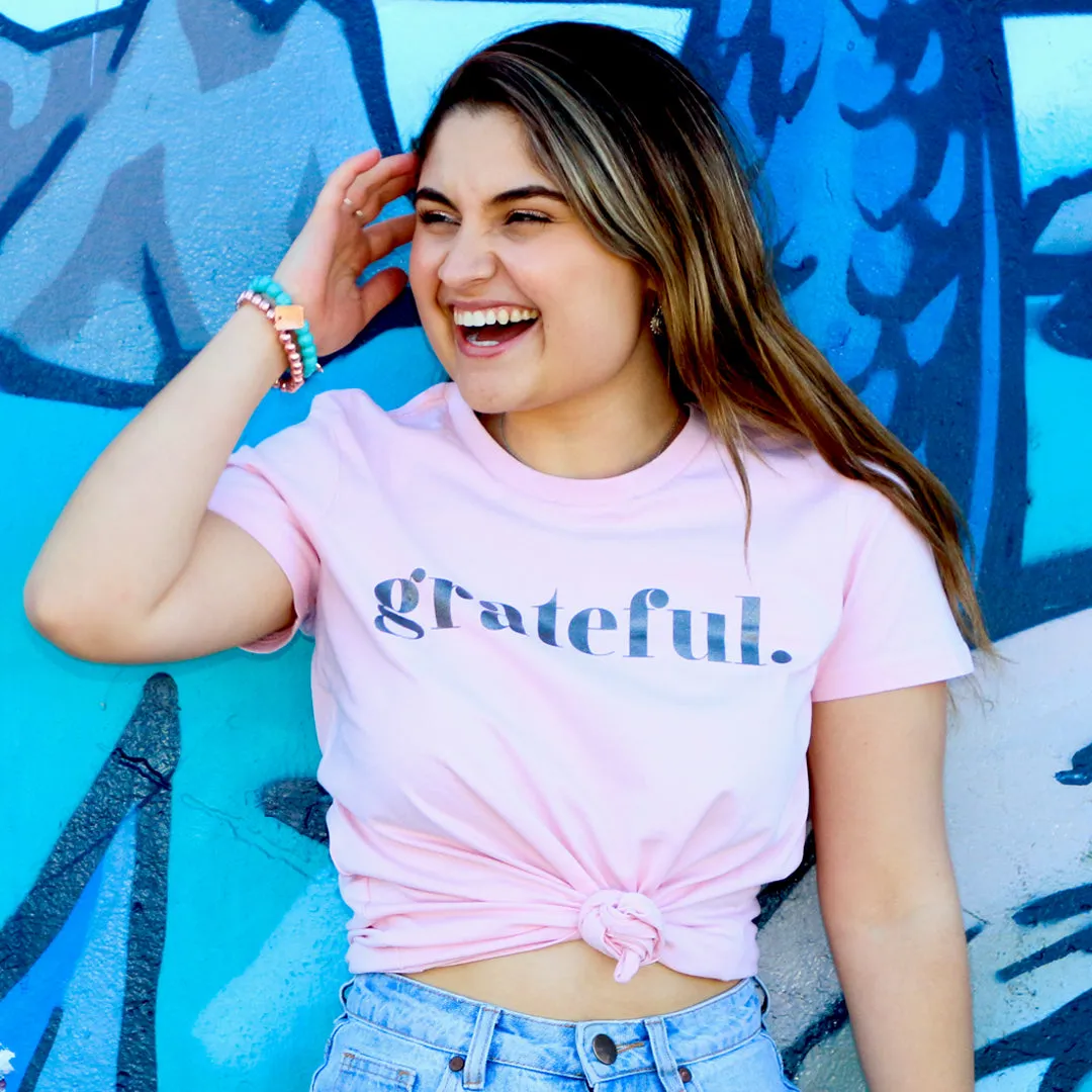 GRATEFUL - Pink Boxy Tee - Charcoal Shimmer Print