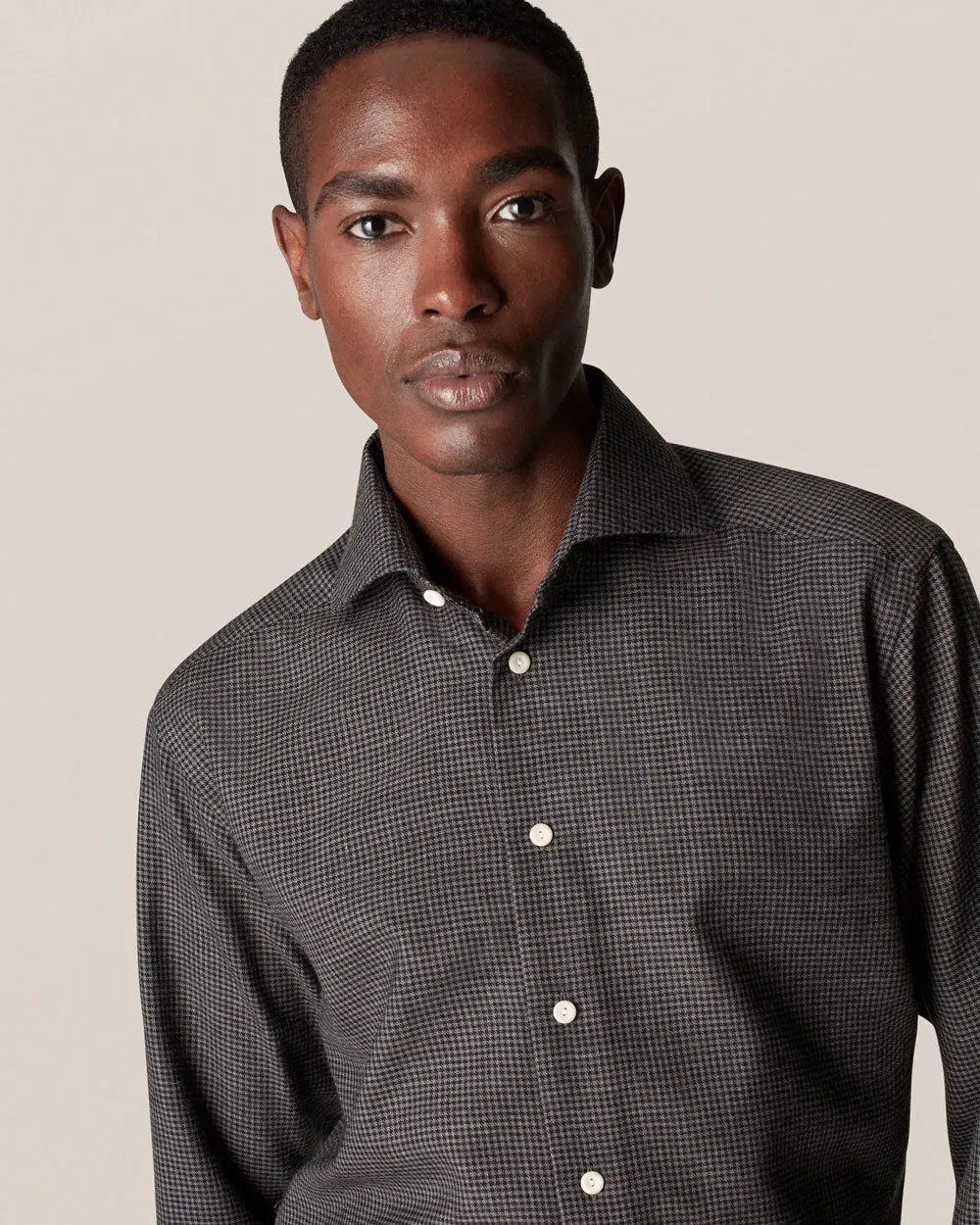 Grey Houndstooth Brushed Merino Wool Dress Shirt