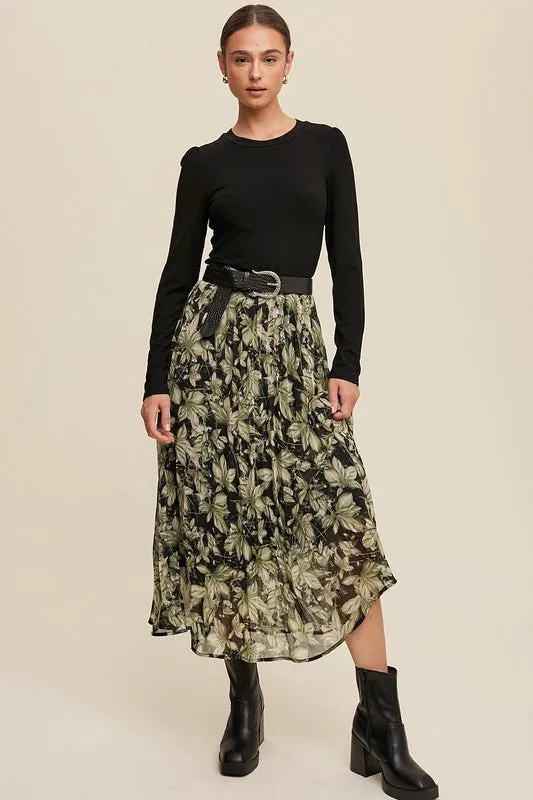 Heidi Leaf Print Pleated Chiffon Skirt