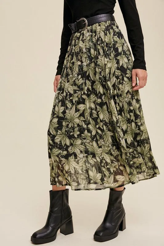 Heidi Leaf Print Pleated Chiffon Skirt